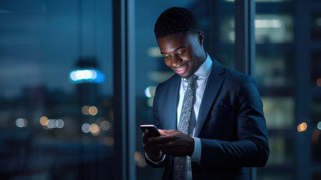 "Business in Motion, Smiling Black Businessman Checks Smartphone in Sleek Suit and Tie."の素材