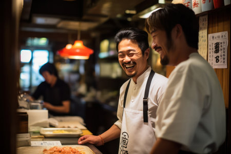 "Joyful Hospitality, Happy Japanese Staff Serving Customers with Genuine Warmth."の素材