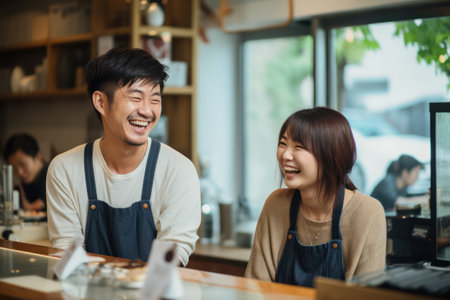 "Joyful Hospitality, Happy Japanese Staff Serving Customers with Genuine Warmth."の素材