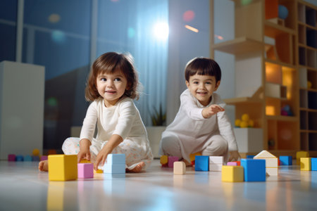 "Children Create Colorful Structures with Building Blocks - Creativity and Joyful Play."の素材