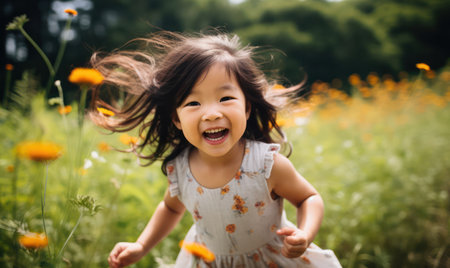 "Joyful Little Girl Twirling in a Field of Wildflowers - Radiant Smiles Amidst Nature's Beauty."の素材