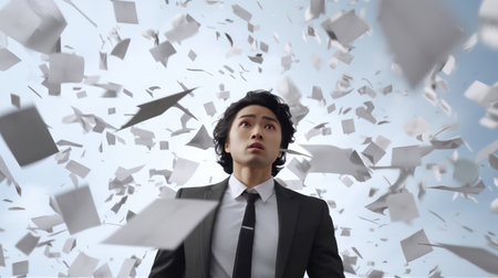 "Business Busy Concept, Sad man in suit, surrounded by flying papers, reflects work challenges."の素材