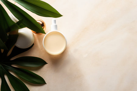 "Elegant simplicity, Minimalist composition with cosmetics and greenery."の素材
