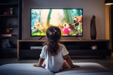 "Screen time joy, Young girl engrossed in watching TV, experiencing moments of delight."の素材