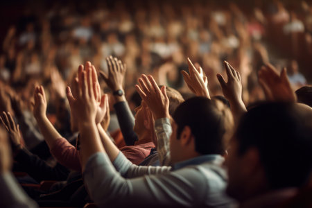 "Cheers in class, Close up view of hands expressing enthusiasm in a lecture hall."の素材