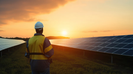 "Sunset innovation, Engineer captivated by a modern solar farm, marveling at sustainable energy."の素材