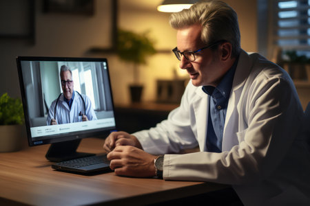 A doctor in a telehealth session providing medical advice online.の素材