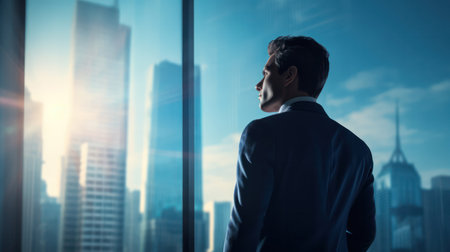 "Contemplating Business Organizations, A Businessman Stands Back in the Office city background"の素材