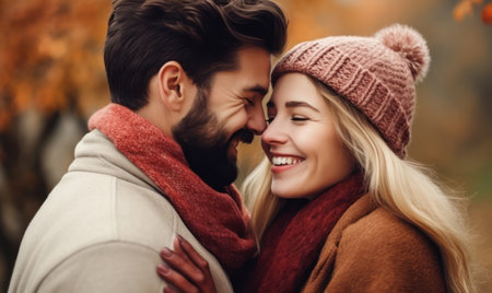 "Fall romance, Couple joyfully embraces outdoors, celebrating love's warmth."の素材