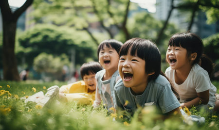 Joyful children running carefree in a park with wildflowers, embodying happiness and freedom.の素材