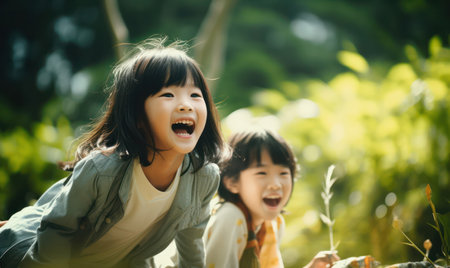 Joyful children running carefree in a park with wildflowers, embodying happiness and freedom.の素材