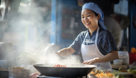 "Thai Market Chef, Culinary Expertise - A local woman skillfully cooking amidst market hustle."の素材