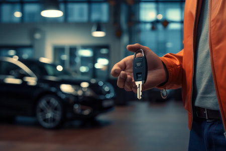Professional car salesman handing over new car keys in a dealership showroom.の素材
