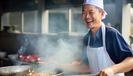 "Thai Market Chef, Culinary Expertise - A local man skillfully cooking amidst market hustle."の素材