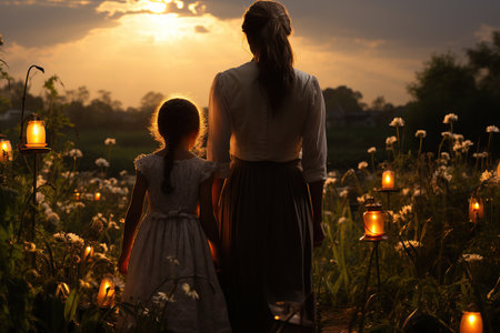 Mother and daughter moment, holding hands while strolling through a vibrant flower field at sunset.の素材