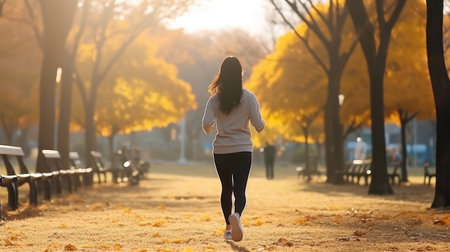 An athletic Asian woman enjoys an early morning run amidst the vibrant autumn foliage in park.の素材