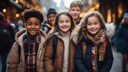 A joyful group diverse young friends smiling and huddling together on a city street.の素材