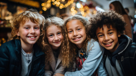 A joyful group diverse young friends smiling and huddling together on a city street.の素材