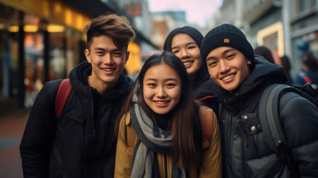 A joyful group diverse young friends smiling and huddling together on a city street.の素材