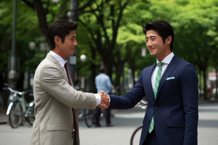 Professional Asian businessmen in suits engaged in a friendly conversation on a city street.の素材