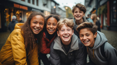 A joyful group diverse young friends smiling and huddling together on a city street.の素材