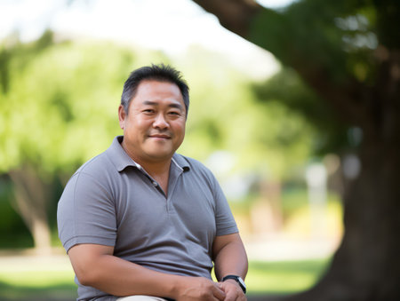 "Slightly Overweight Asian Man in a Relaxed Park Setting, Finding Comfort in the Outdoors"の素材