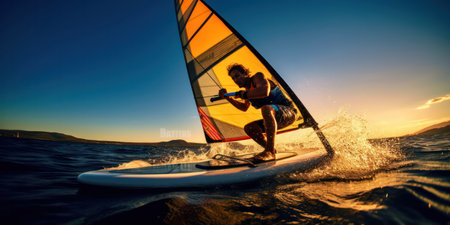 An active windsurfer rides the waves with a colorful sail against a stunning sunset over the sea.の素材