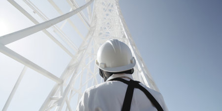 Low angle view of engineer in a hard hat gazing up at the intricate of large steel structure.の素材