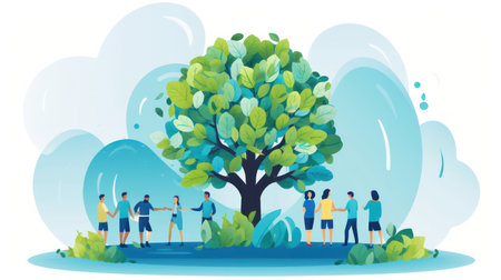 Illustration of Group of people around a tree, symbolizing community and environmental awareness.の素材