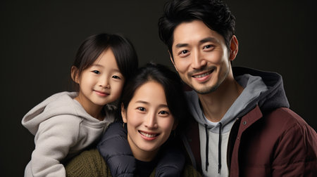 A joyful family portrait with a father, mother, and child, all wearing cozy winter jackets.の素材