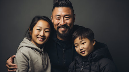 A joyful family portrait with a father, mother, and child, all wearing cozy winter jackets.の素材
