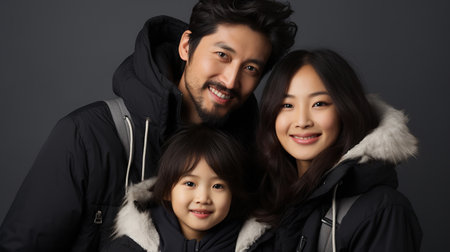 A joyful family portrait with a father, mother, and child, all wearing cozy winter jackets.の素材