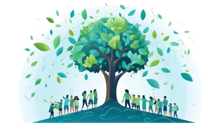 Illustration of Group of people around a tree, symbolizing community and environmental awareness.の素材
