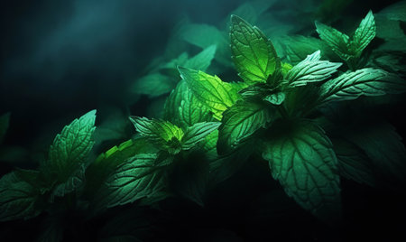 Close-up of vibrant green mint leaves covered in dew drops, set against a dark background.の素材