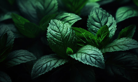 Close-up of vibrant green mint leaves covered in dew drops, set against a dark background.の素材
