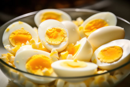 Boiled eggs cut in halves on a plate, with vibrant yellow yolks and soft whites, ready to eat.の素材