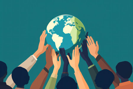 Multiple hands of diverse skin tones hold a Earth against a turquoise background.の素材