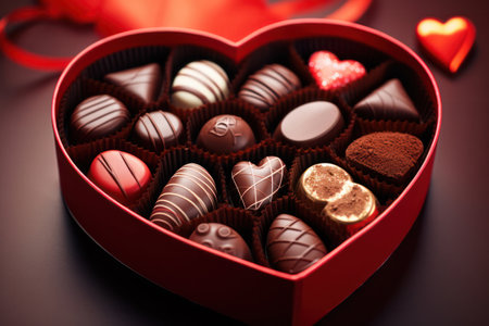"Valentine sweet surprise, Chocolates in a heart shaped red box, a delectable expression of love."の素材