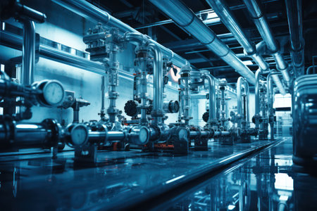 An industrial pump room is flooded with water under blue lighting, of maintenance and safety.の素材