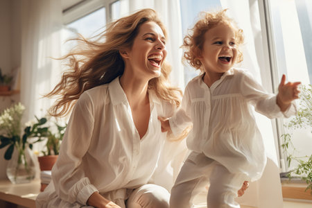 A radiant mother and her laughing toddler are playfully engaging with each other in a sunlit room.の素材