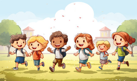 Illustration of Children with backpacks running excitedly towards school on a sunny day.の素材