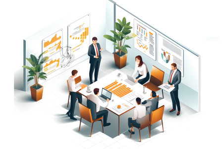 Isometric illustration of a professional team engaged in a business meeting.の素材
