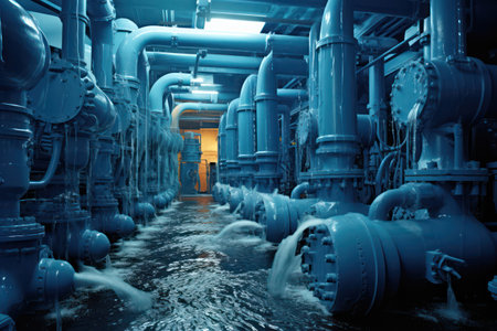 An industrial pump room is flooded with water under blue lighting, of maintenance and safety.の素材