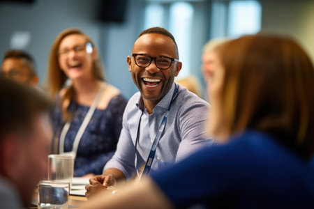 Smiling professionals engaging in a lively and collaborative discussion during a workshop.の素材