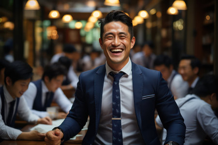 Businessman with a beaming smile enjoying a lighthearted moment in the bustling atmosphere.の素材