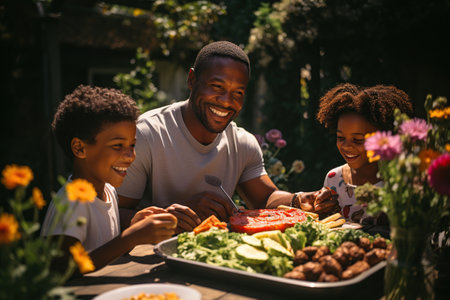 A joyful family shares a moment of happiness during a backyard barbecue on a sunny day,.の素材