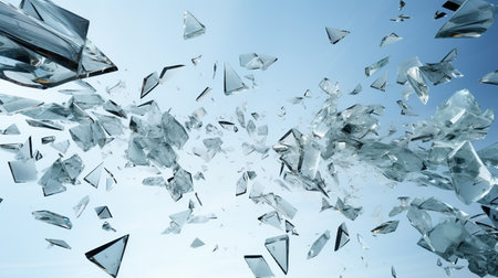 Dynamic image of crystal clear glass shards scattered and suspended against a clear blue sky.の素材