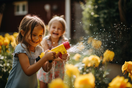 "Family Fun, Two Girls Splashing in the Garden Water"の素材