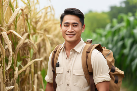 A happy, young man wearing a casual outfit with a backpack standing in a cornfieldの素材