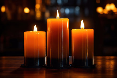 Candles burning softly against a dark, blurred background, conveying warmth and tranquility.の素材